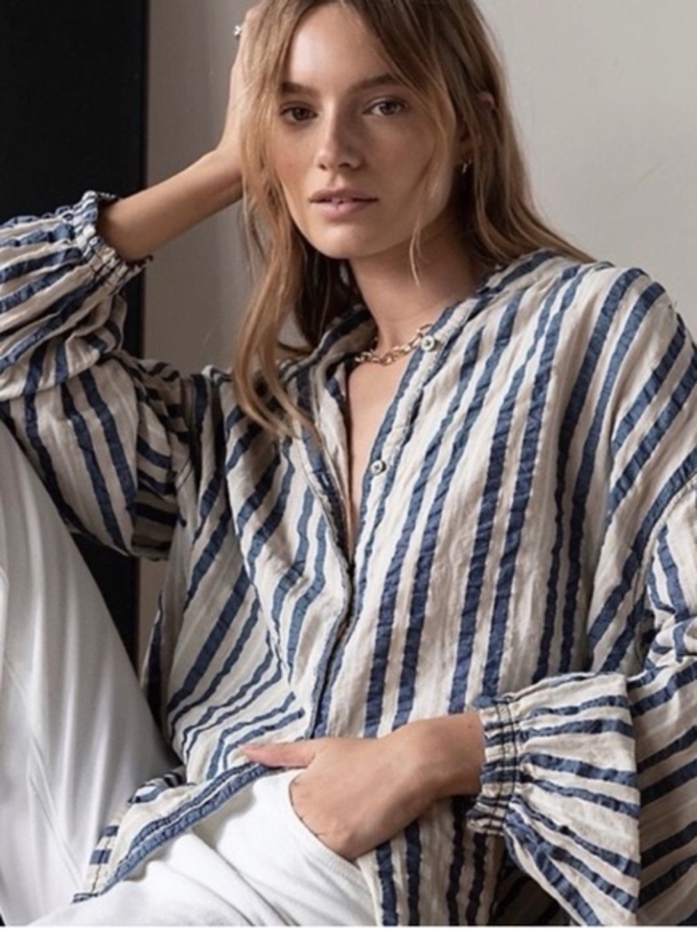 We The Free Set Sail Striped Button-Front Top Navy Cream lightweight XS